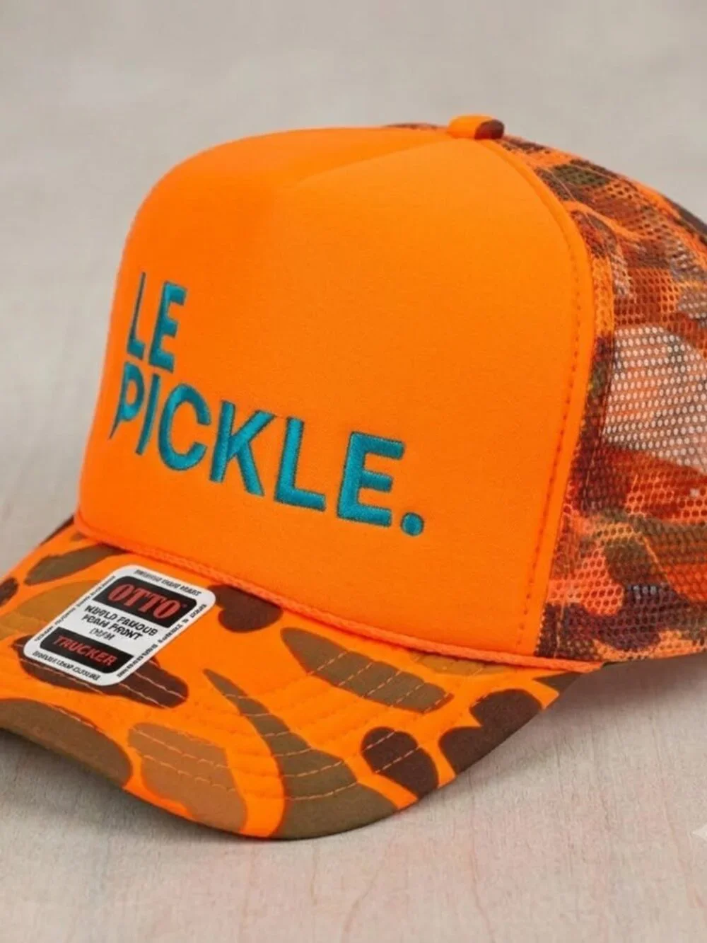 Retro Le Pickle Embroidered Foam Trucker Hat Orange Camo Rope Snapback Cap Funny